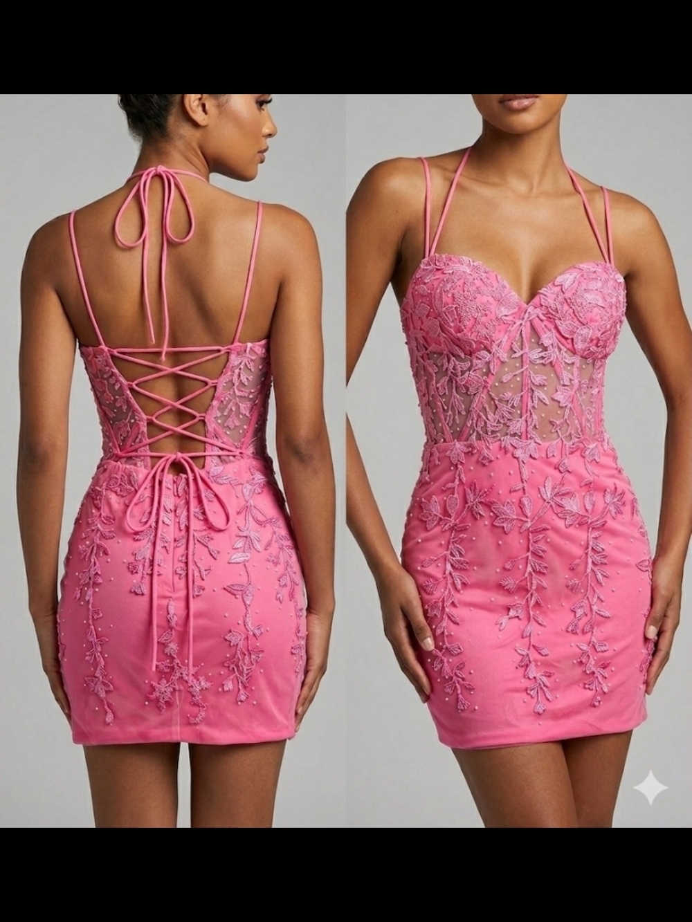 Mini-style dress Corset Pink with Floral Embroidery and Pearls - Size 2